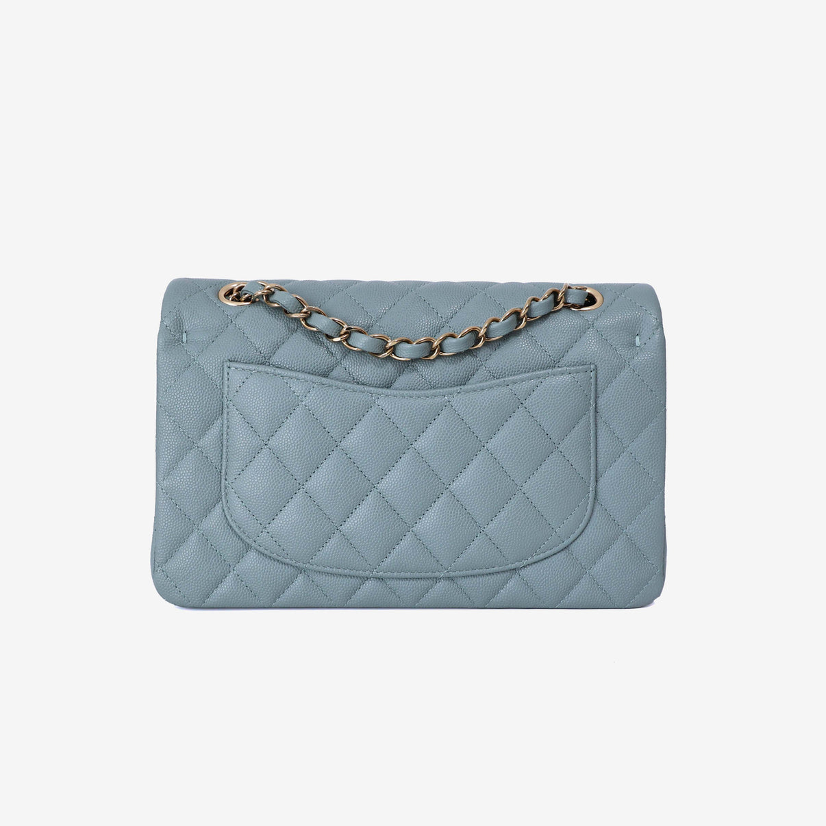 Chanel Classic Small Double Flap in Light Green Caviar Leather with Gold Hardware back view