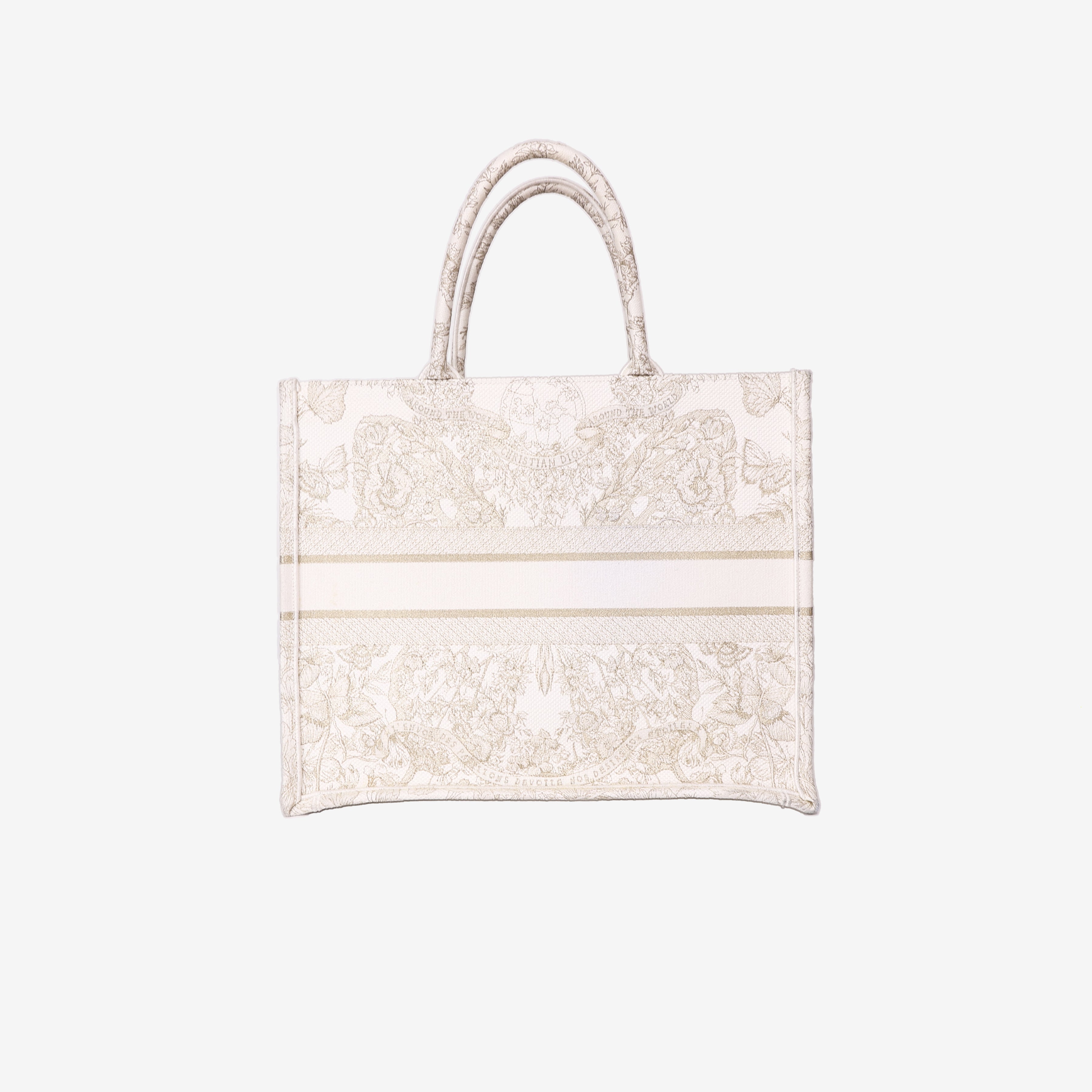 Dior Book Tote Medium in Latte Toile de Jouy Embroidered Cotton with Gold Detailing back view