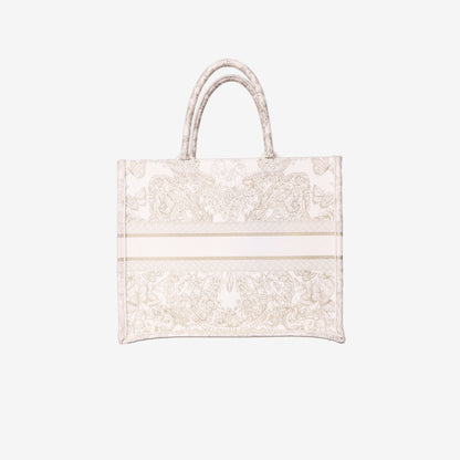 Dior Book Tote Medium in Latte Toile de Jouy Embroidered Cotton with Gold Detailing back view