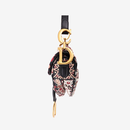 Christian Dior Mini Saddle Bag in Black/Burgundy/White Embroidered Canvas with Gold Hardware