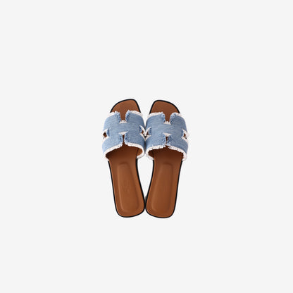 Hermès Oran Sandals in Bleu Clair Maxi Fringed Denim (Size 39)
