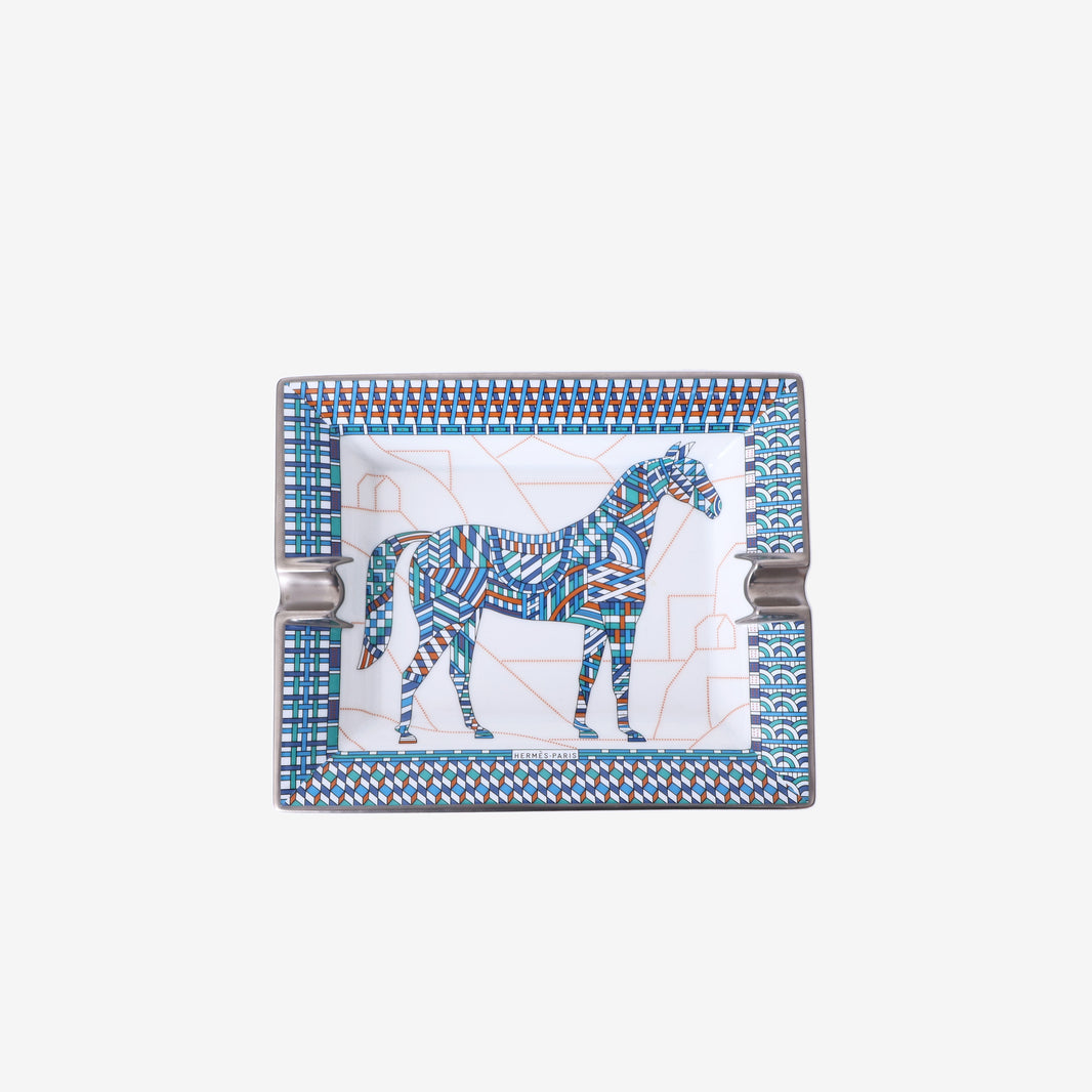 Hermès Cheval Déco Ashtray in Bleu Cobalt Porcelain with Velvet Goatskin Base front view