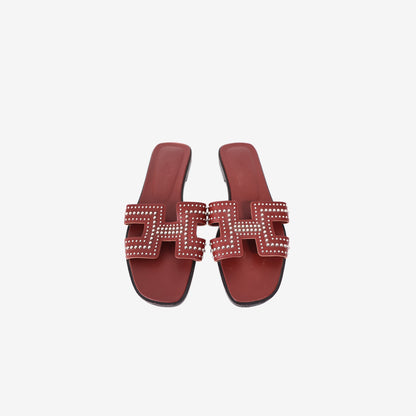 Hermès Oran Sandals in Rouge Tomette Calfskin Leather (Size 38.5)
