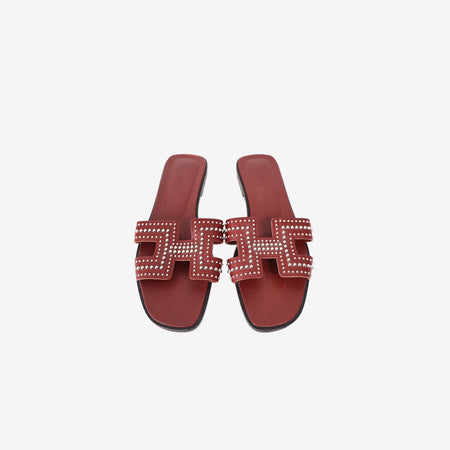 Hermès Oran Sandals in Rouge Tomette Calfskin Leather (Size 38.5)