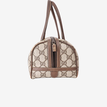 Gucci Vintage Boston Cylindrical Handbag in Beige GG Supreme Canvas and Leather with Gold Hardware