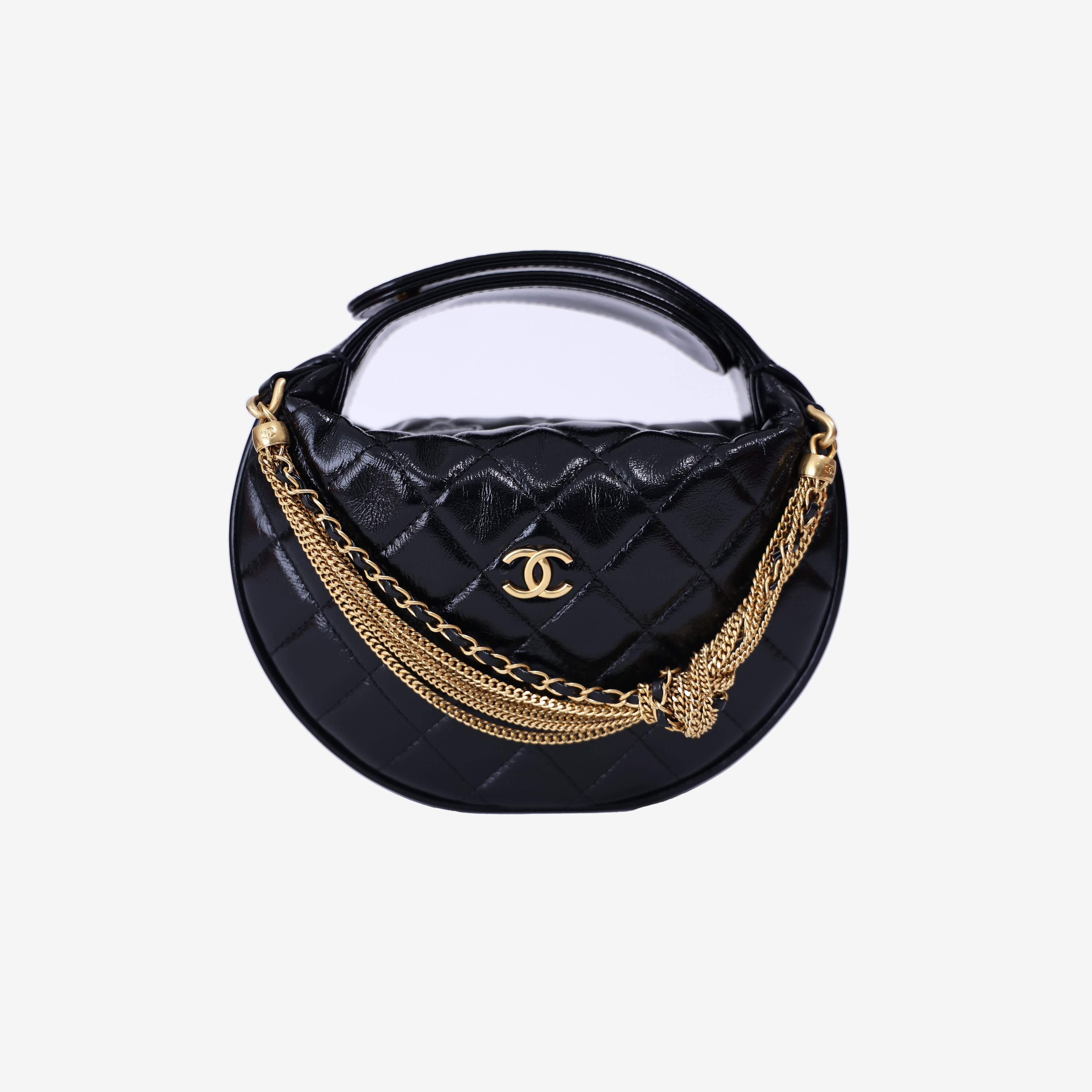 Chanel Mini Bow Hobo Pouch in Black Calfskin Leather with Gold Hardware front view
