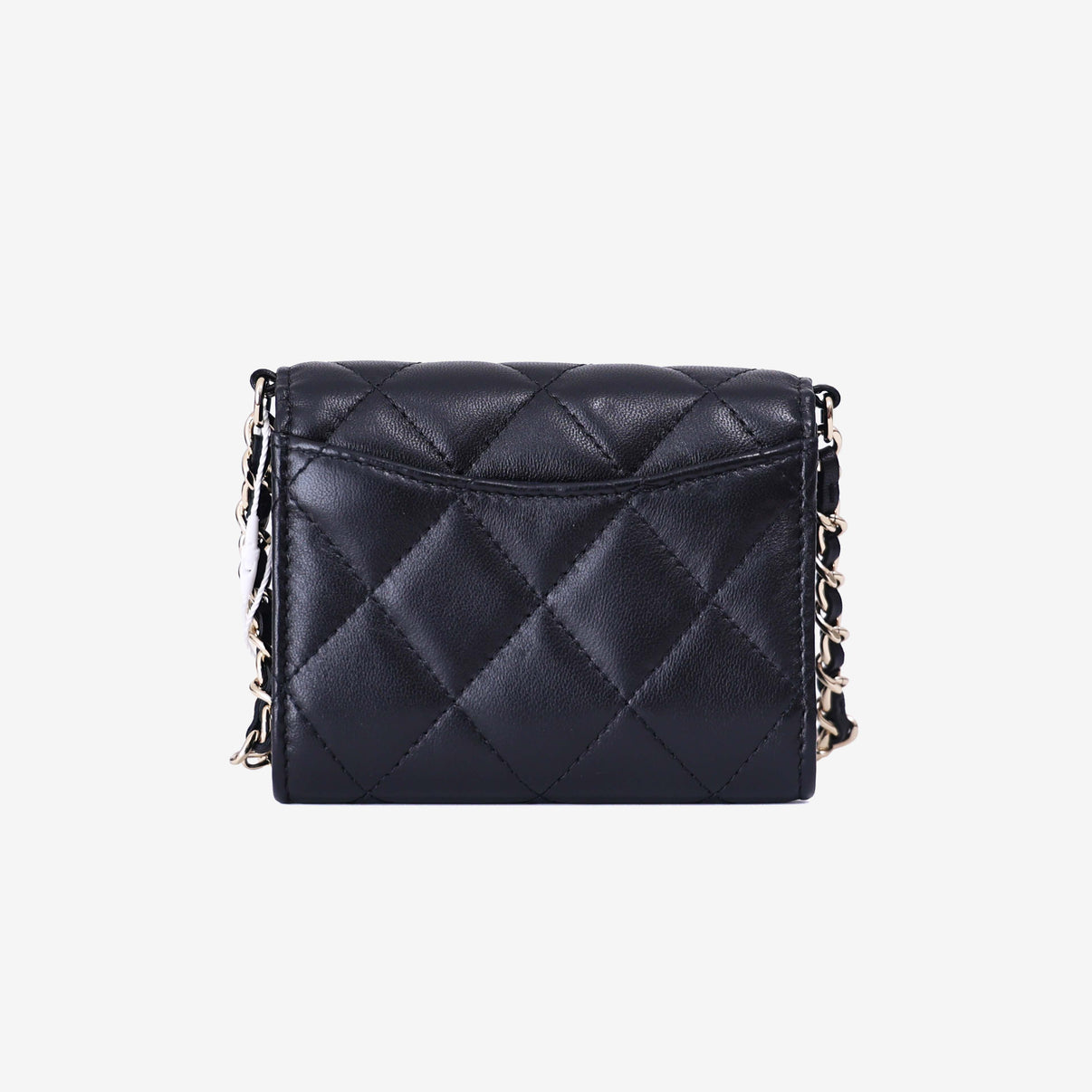 Chanel Wallet on Pearl Chain Card Holder in Black Lambskin Leather with Gold Hardware back view