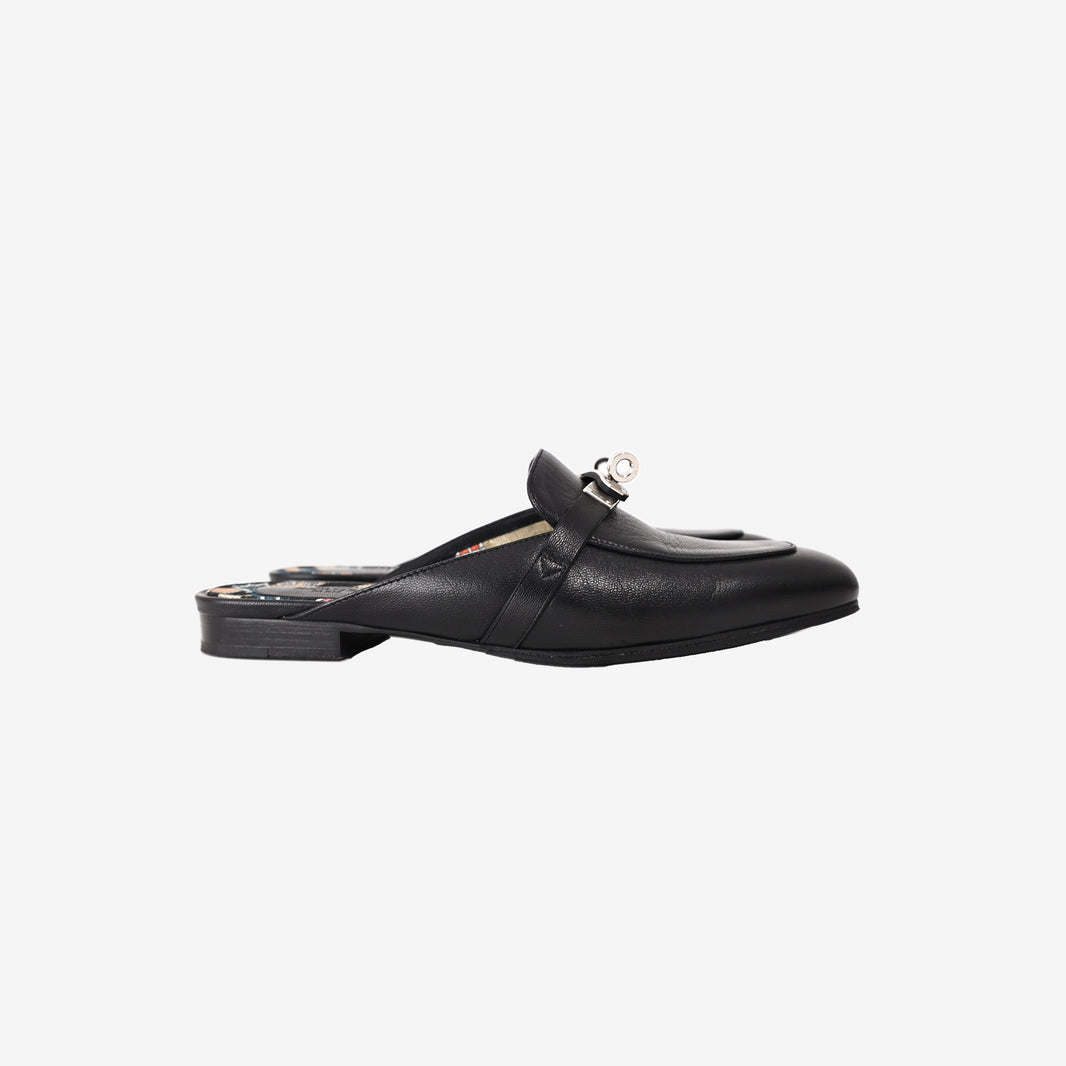 Hermès Oz Mules in Black Leather with Palladium-Plated Hardware (Size 37.5)