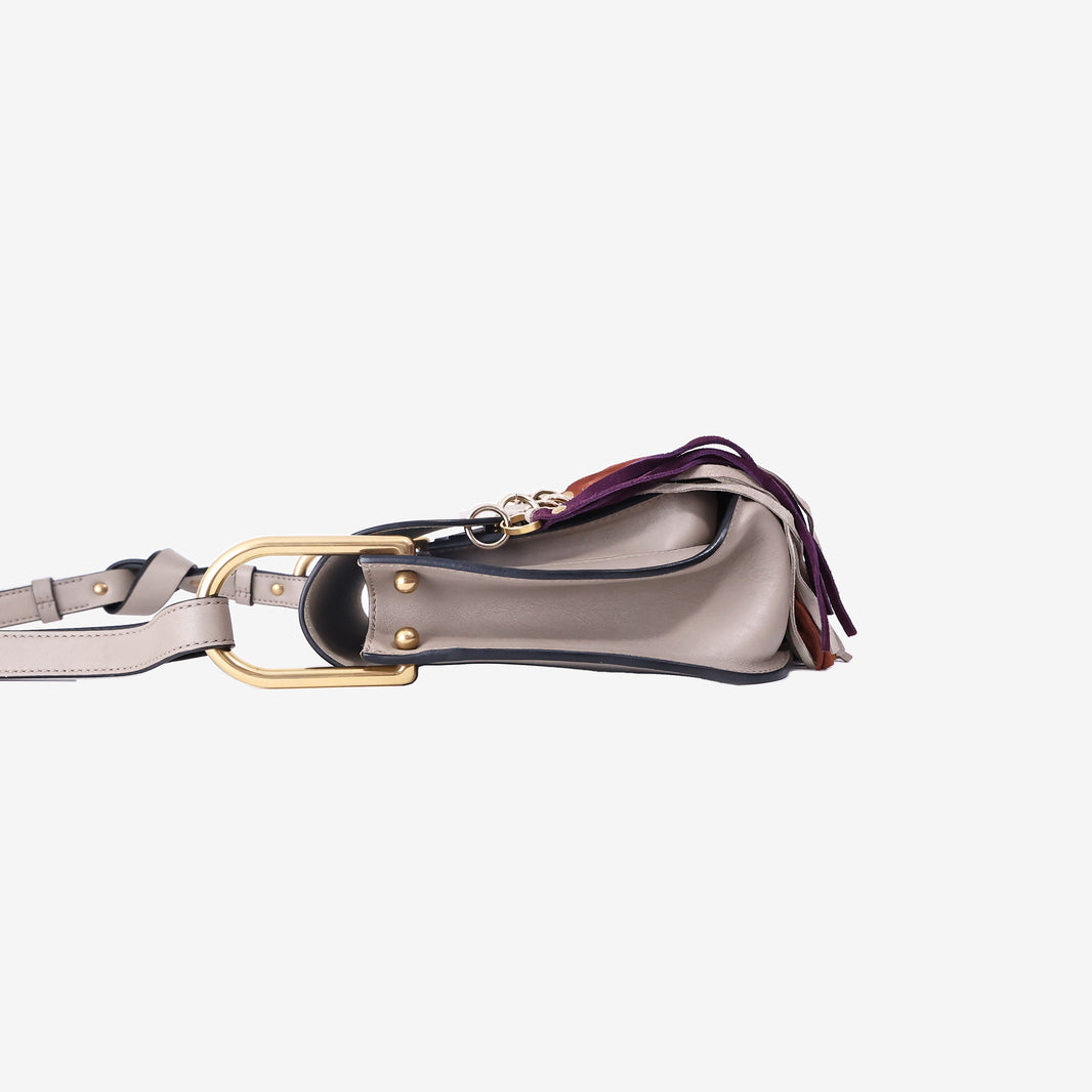 Chloé Hudson Colourful Tassel Saddle Bag in Grey Calfskin Leather with Gold Hardware
