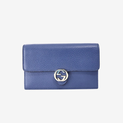 Gucci Interlocking G Wallet on Chain in Blue Calfskin Leather with Gold Hardware