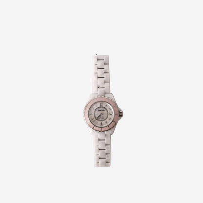 Chanel J12 29 mm Wristwatch in White Ceramic with Pastel Pink Bezel, Mother-of-Pearl Dial and Diamond Hour Markers
