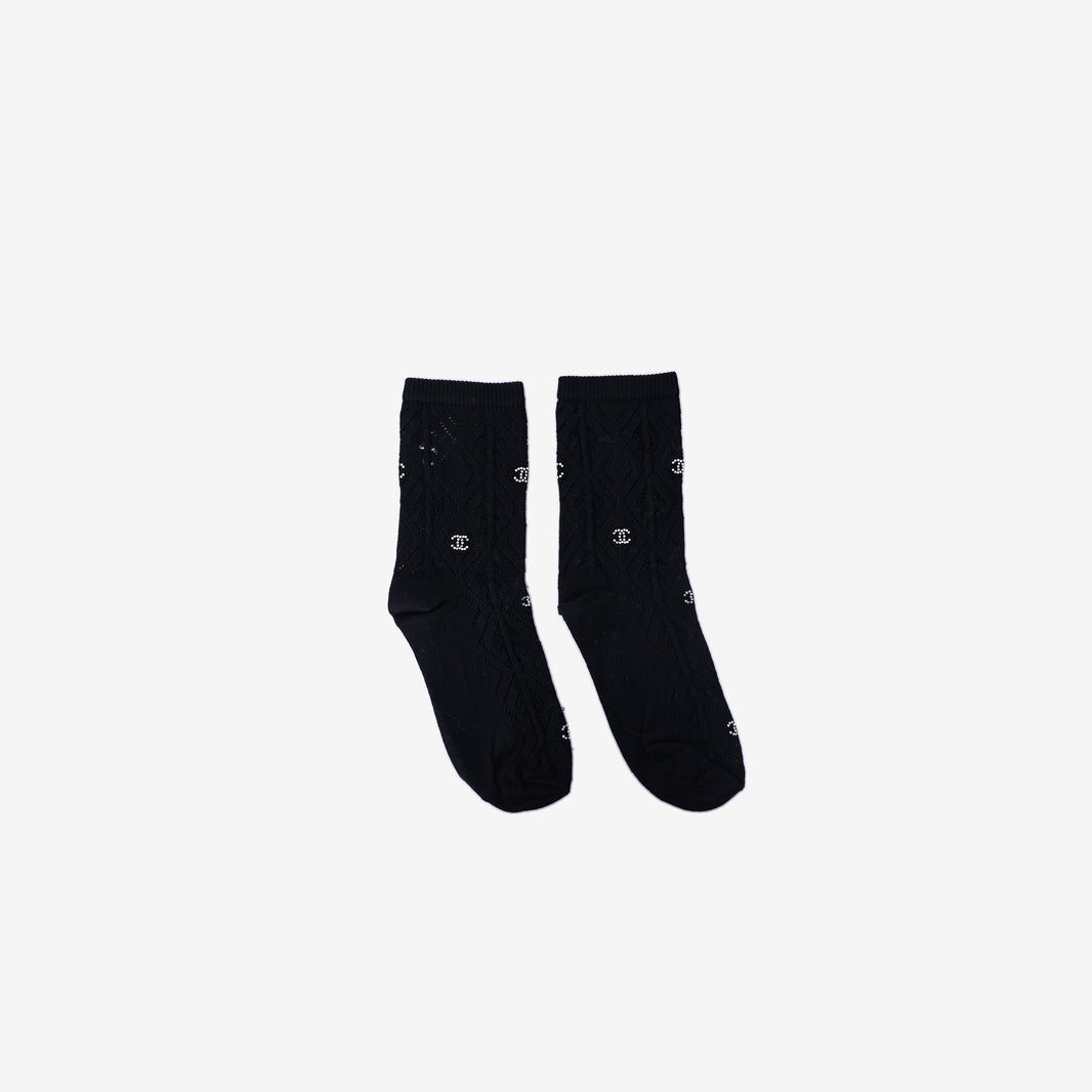 Chanel CC Logo Knit Socks in Black Knit with Rhinestone Detailing back view