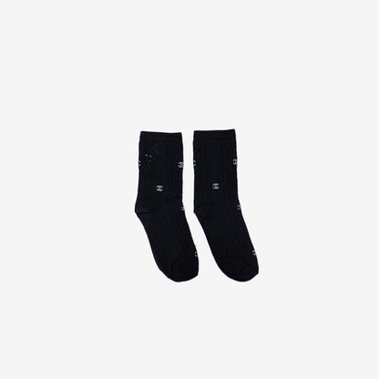 Chanel CC Logo Knit Socks in Black Knit with Rhinestone Detailing back view
