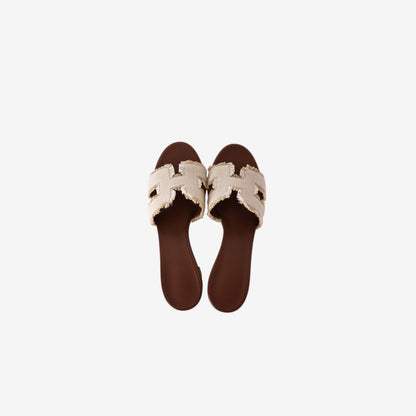 Hermès Oasis Sandals in Beige Fringed Linen Canvas (Size 38)