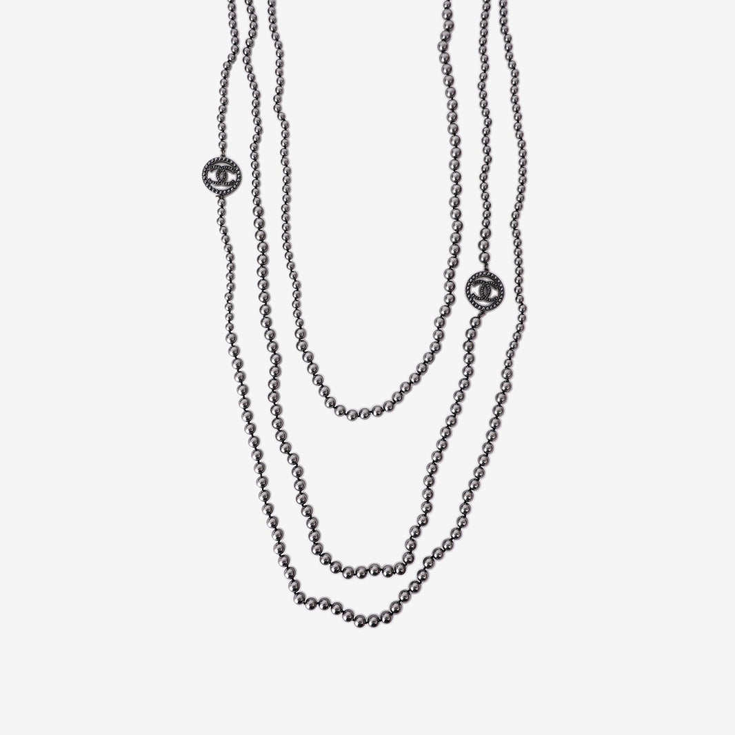 Chanel Long Multi-Strand Black Faux Pearl Necklace in Gunmetal
