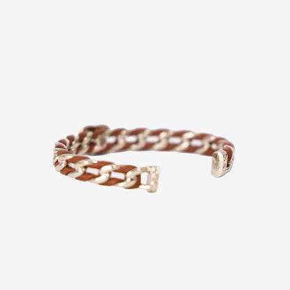 Chanel Cuff Bracelet in Gold Metal and Brown Lambskin Leather with Resin back view