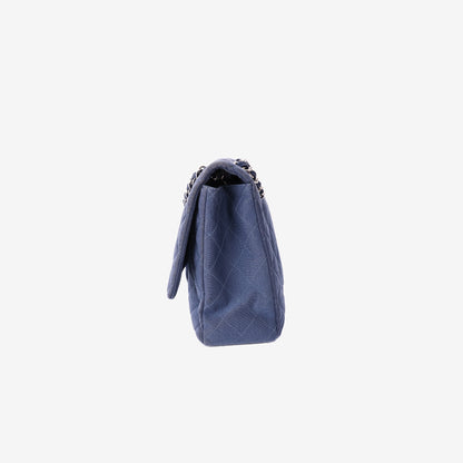 Chanel Quilted Jersey Denim Classic Flap Bag in Blue Knit Fabric with Silver Hardware