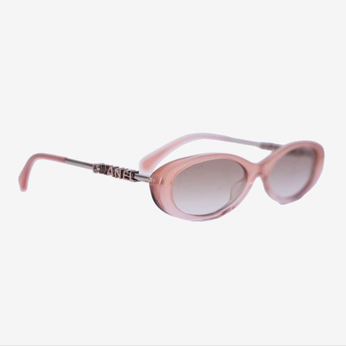 Chanel CC Logo Oval Sunglasses in Pink Acetate with Metal Hardware detail view