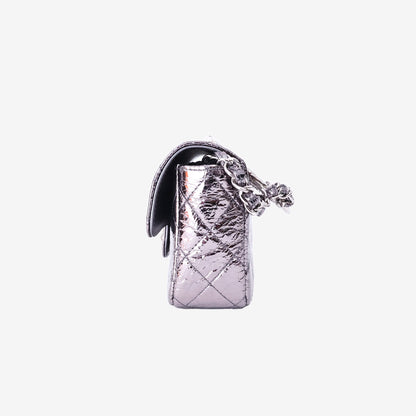 Chanel Mini Ring Handle Flap Bag in Silver Metallic Calfskin Leather with Silver Hardware