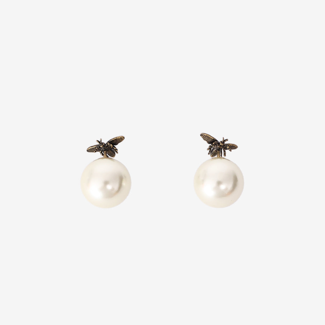 Dior Pearl Bee Star Mise En Dior Tribal Earrings in White Resin Pearl with Gold-Tone Metal (Contact to Enquire)