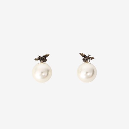 Dior Pearl Bee Star Mise En Dior Tribal Earrings in White Resin Pearl with Gold-Tone Metal