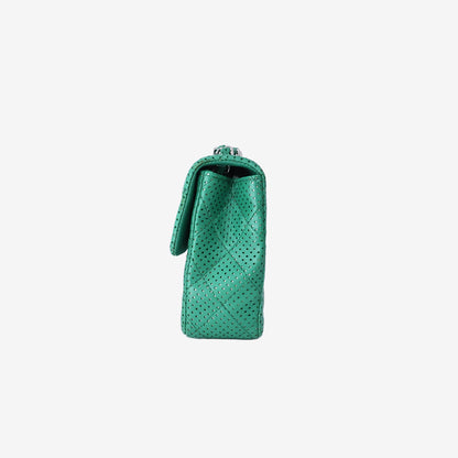 Chanel East/West Classic Flap Bag in Green Perforated Quilted Lambskin Leather with Silver Hardware