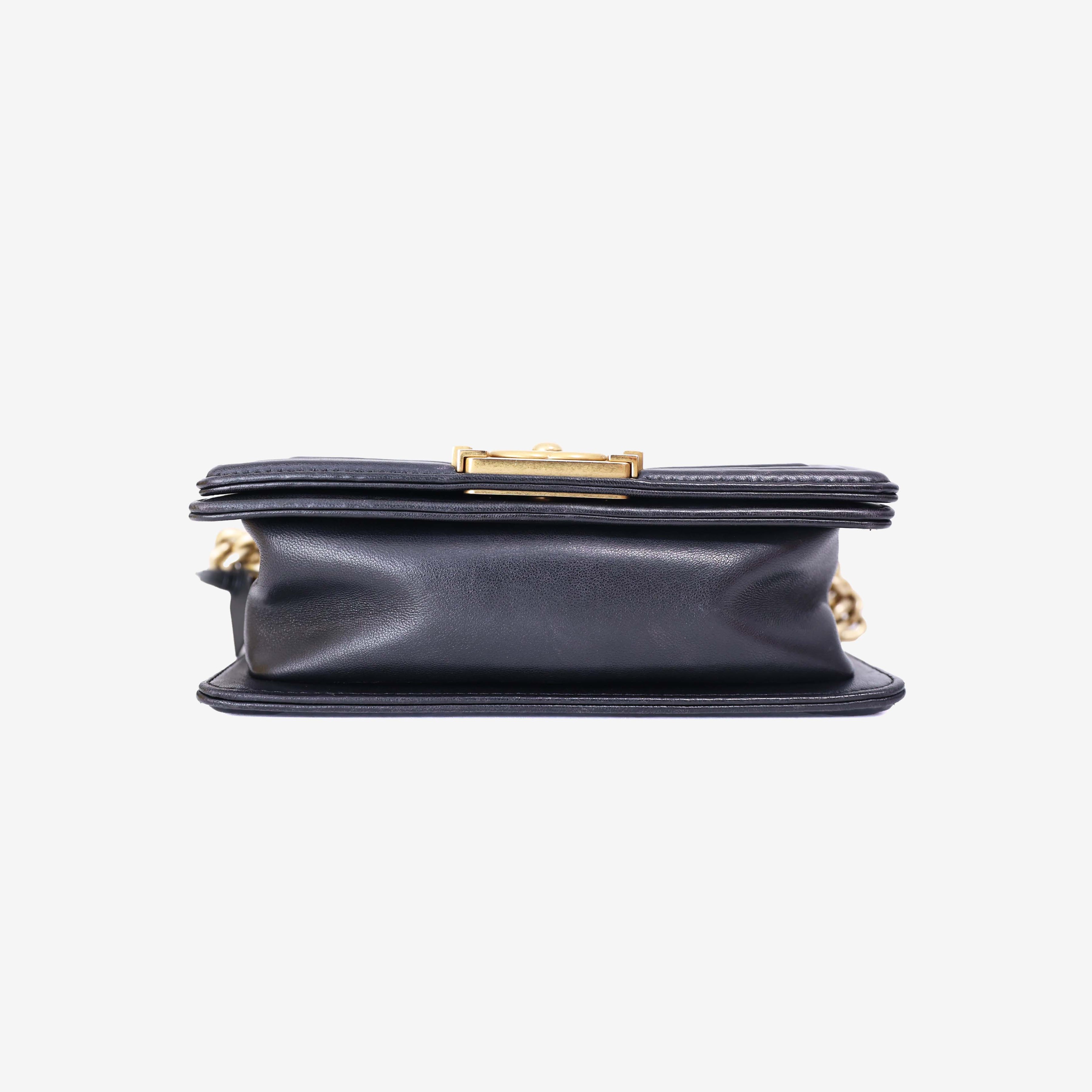 Chanel Boy Bag in Black Lambskin Leather with Gold Hardware bottom view