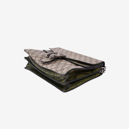 Gucci Dionysus Medium Shoulder Bag in Beige Ebony GG Supreme Canvas with Snakeskin Print and Silver Hardware