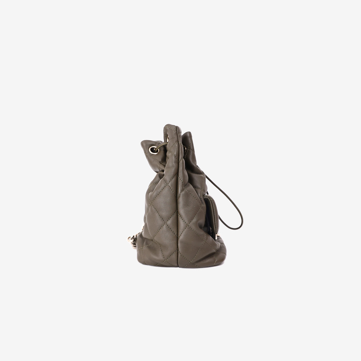 Chanel Duma Drawstring Backpack in Khaki Lambskin Leather side view