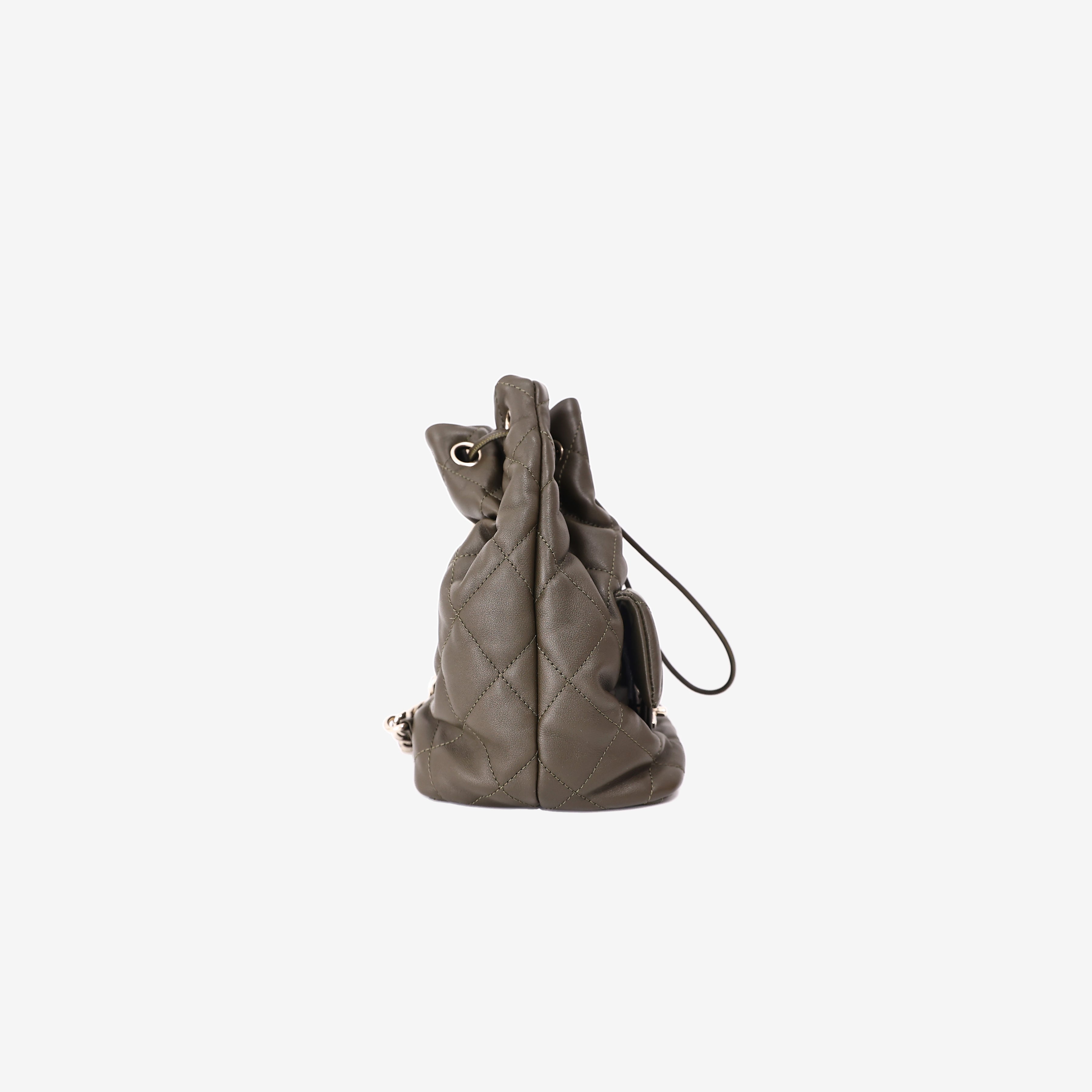 Chanel Duma Drawstring Backpack in Khaki Lambskin Leather side view