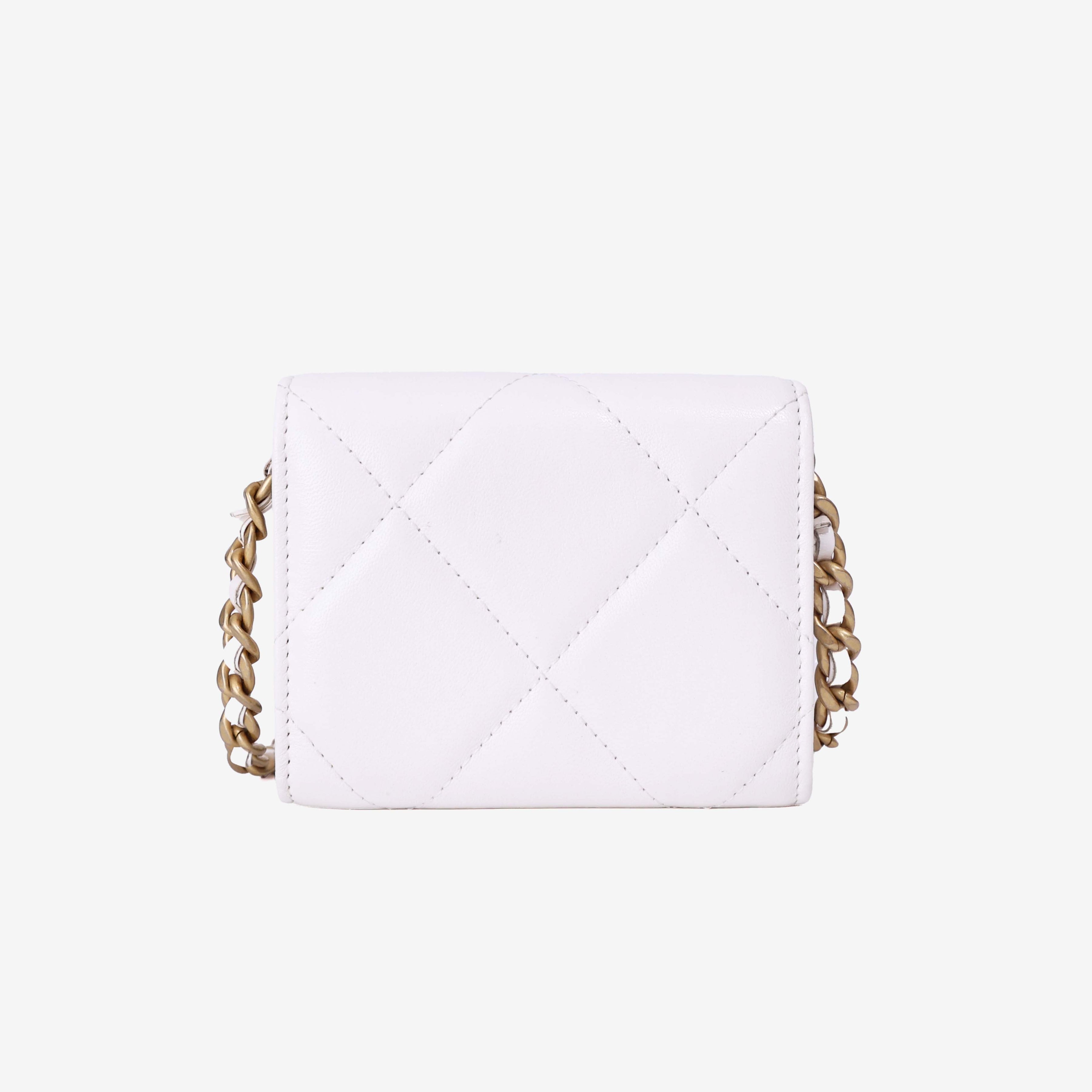 Chanel 19 Card Holder on Chain in White Lambskin Leather with Gold Hardware back view