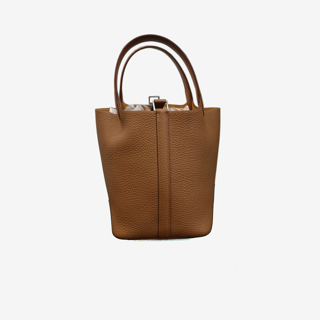 Hermès Picotin Lock 18 in Brown Taurillon Clemence Leather with Ostrich Handles and Gold Hardware