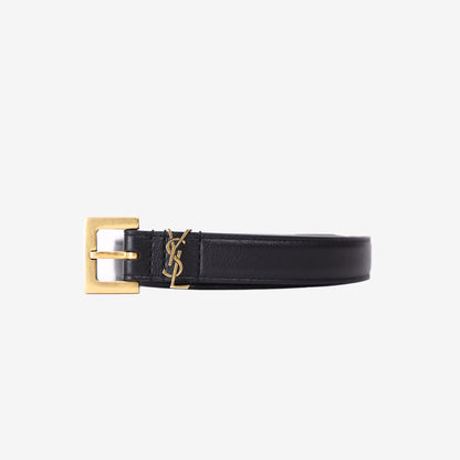 Saint Laurent Monogram Belt in Black Calf Leather with Gold Hardware