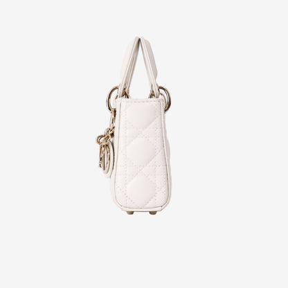 Christian Dior Mini Lady Dior Handbag in White Lambskin with Gold Hardware