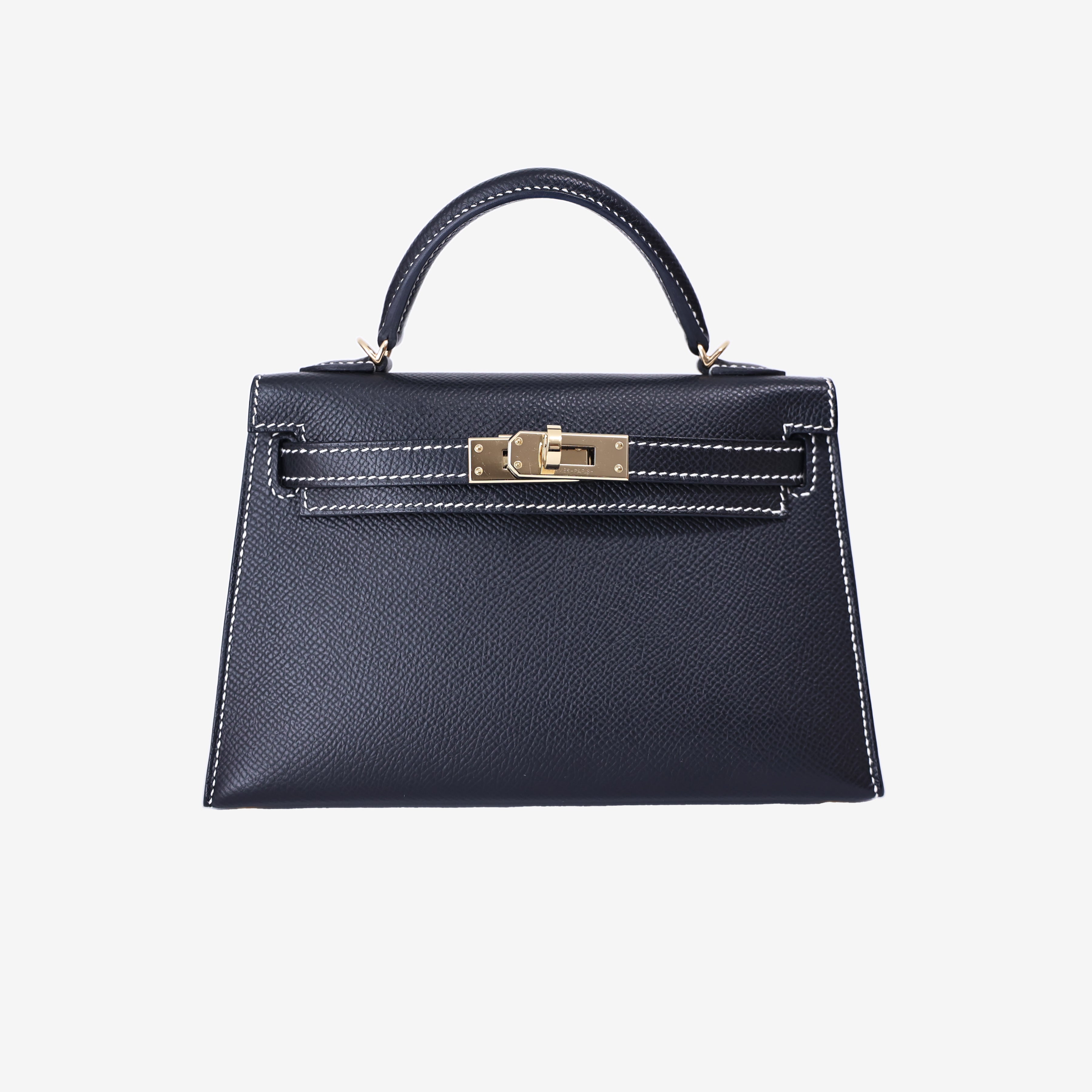 Hermès Mini Kelly 20 HSS in Black Epsom Leather with Gold Hardware front view
