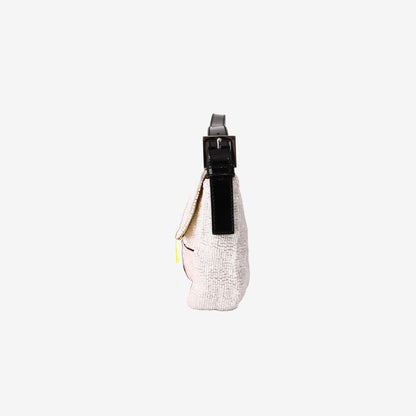 Fendi Beaded Scribble Baguette Shoulder Bag in White/Black with Silver-Tone Hardware