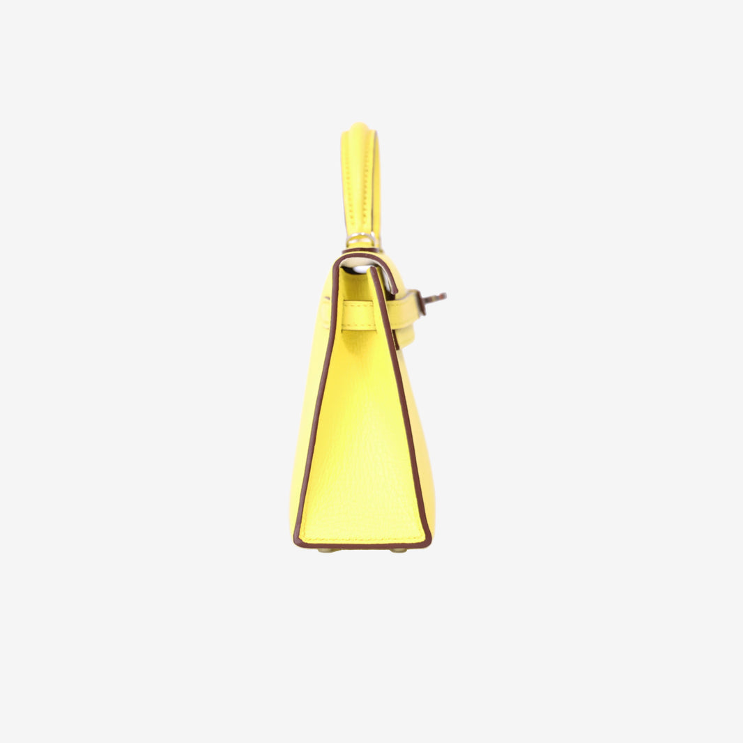 Hermès Mini Kelly 20 in Jaune Citron Chevre Mysore Leather with Palladium Hardware side view