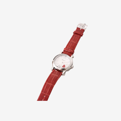 Chopard Happy Sport 36mm Watch in Stainless Steel with Red Alligator Leather Strap and Floating Diamonds