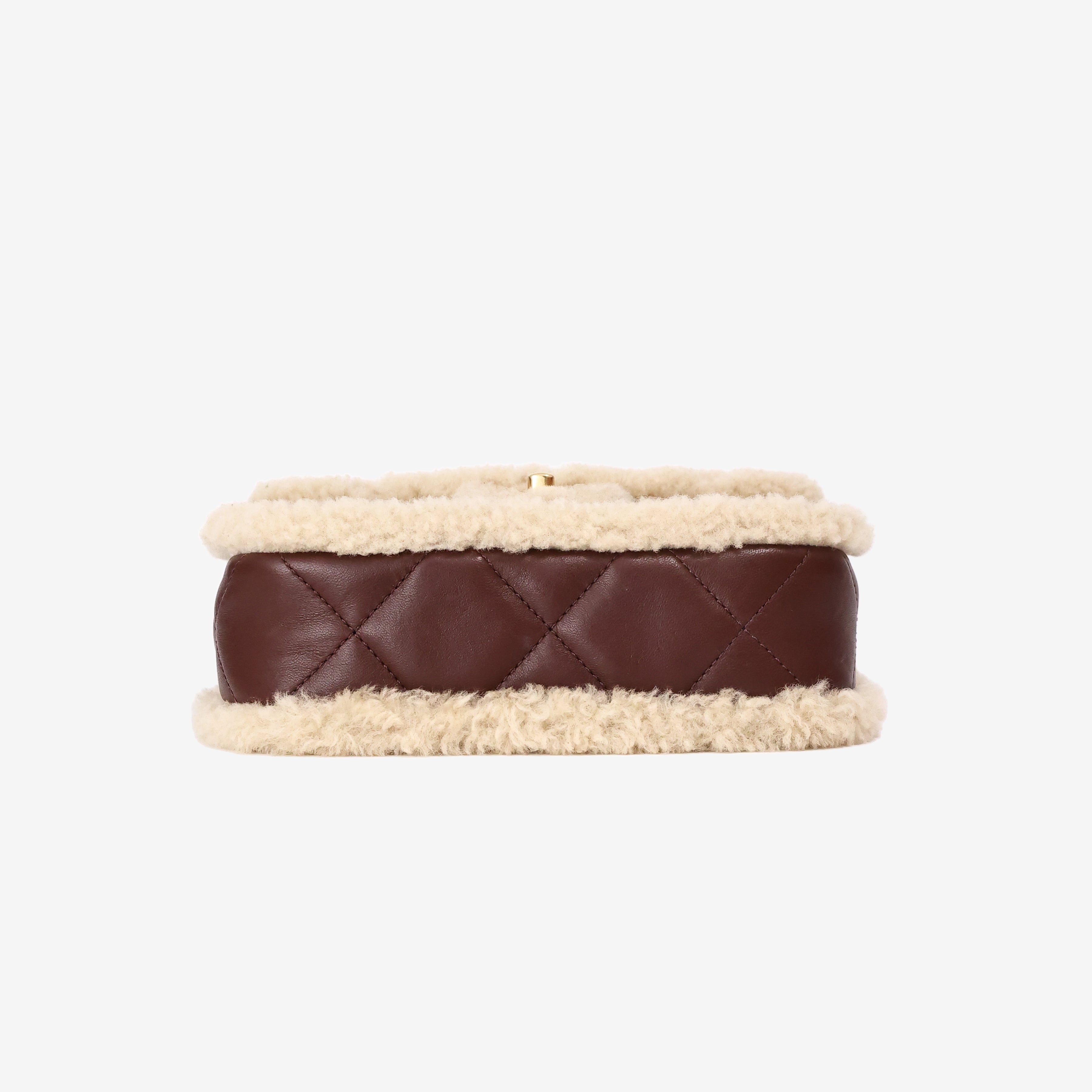 Chanel Shearling Lambskin Quilted Mini Flap in Beige/Brown Lambskin Leather with Shearling bottom view