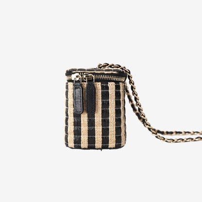 Chanel Mini Vanity Case With Chain in Beige/Black Striped Raffia with Gold-Tone Hardware