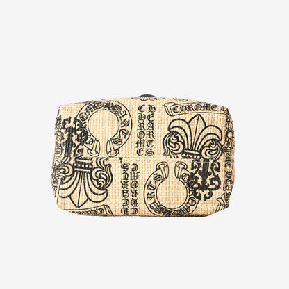 Chrome Hearts Monogram-Print Beach Bag in Beige Woven Straw with Black Leather Handles