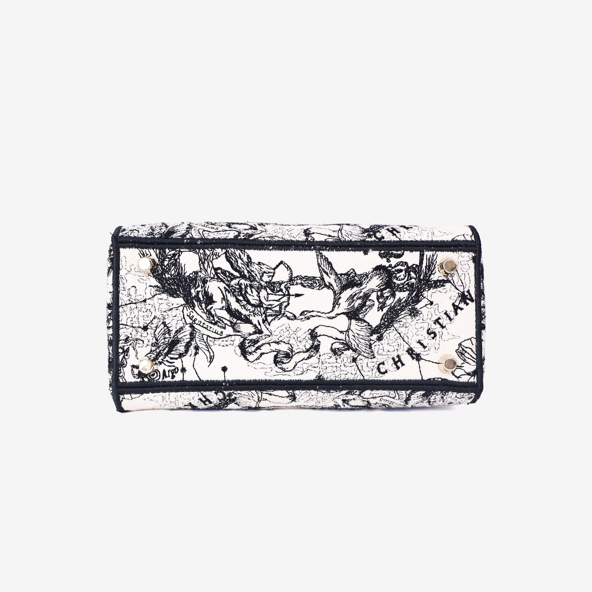 Dior Medium Lady D-Lite Zodiac Embroidered Bag in White/Black Canvas with Gold Hardware bottom view