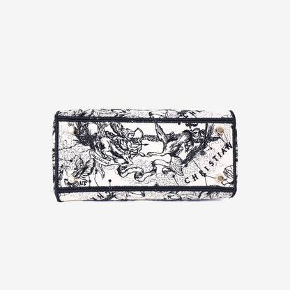 Dior Medium Lady D-Lite Zodiac Embroidered Bag in White/Black Canvas with Gold Hardware bottom view