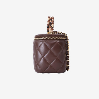 Chanel Vanity Case with Beaded Handle Box Bag in Brown Lambskin Leather with Gold Hardware