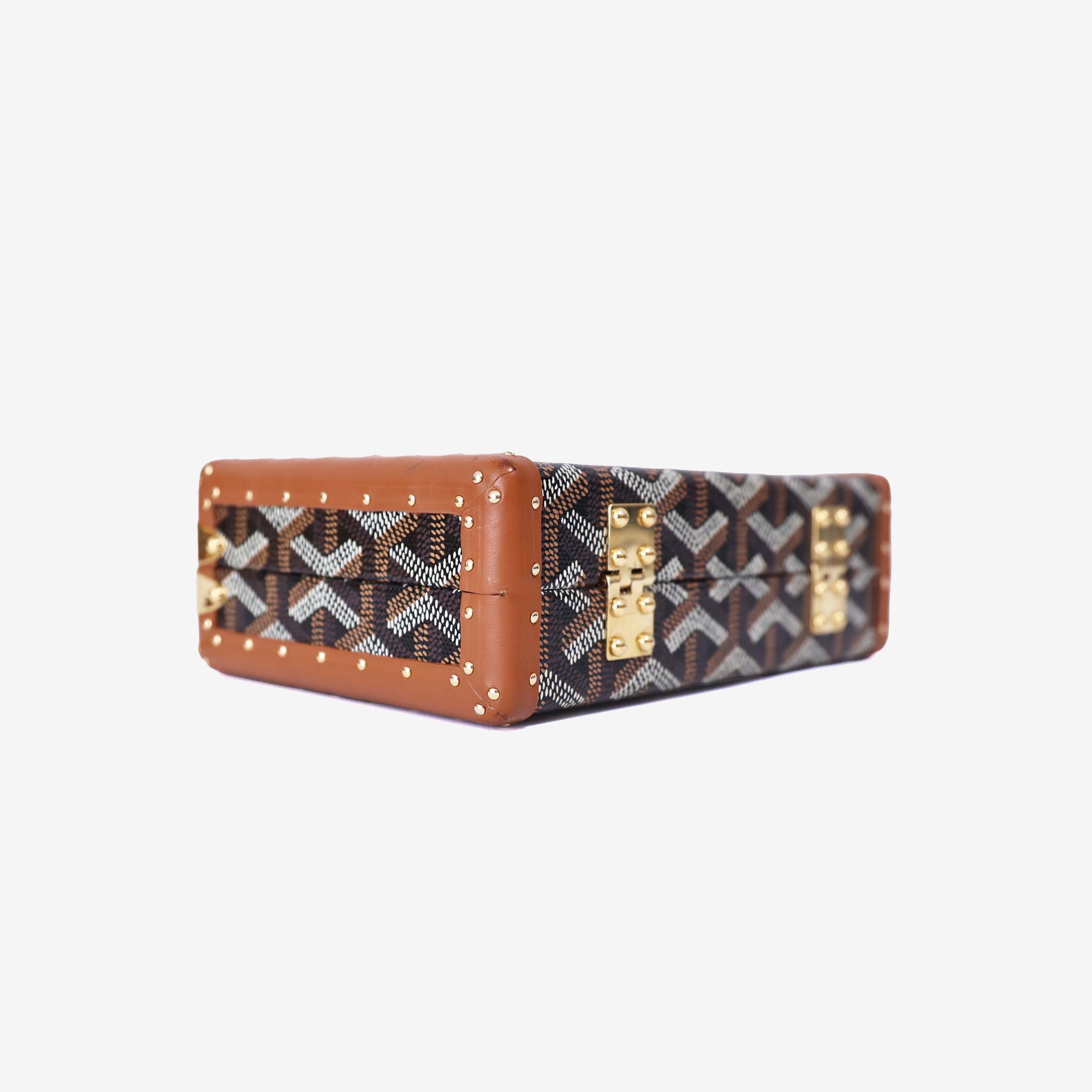 Goyard Minaudière Trunk Shoulder Bag in Black/Tan Goyardine Canvas with Clamecy Cowhide with Gold Hardware bottom side view