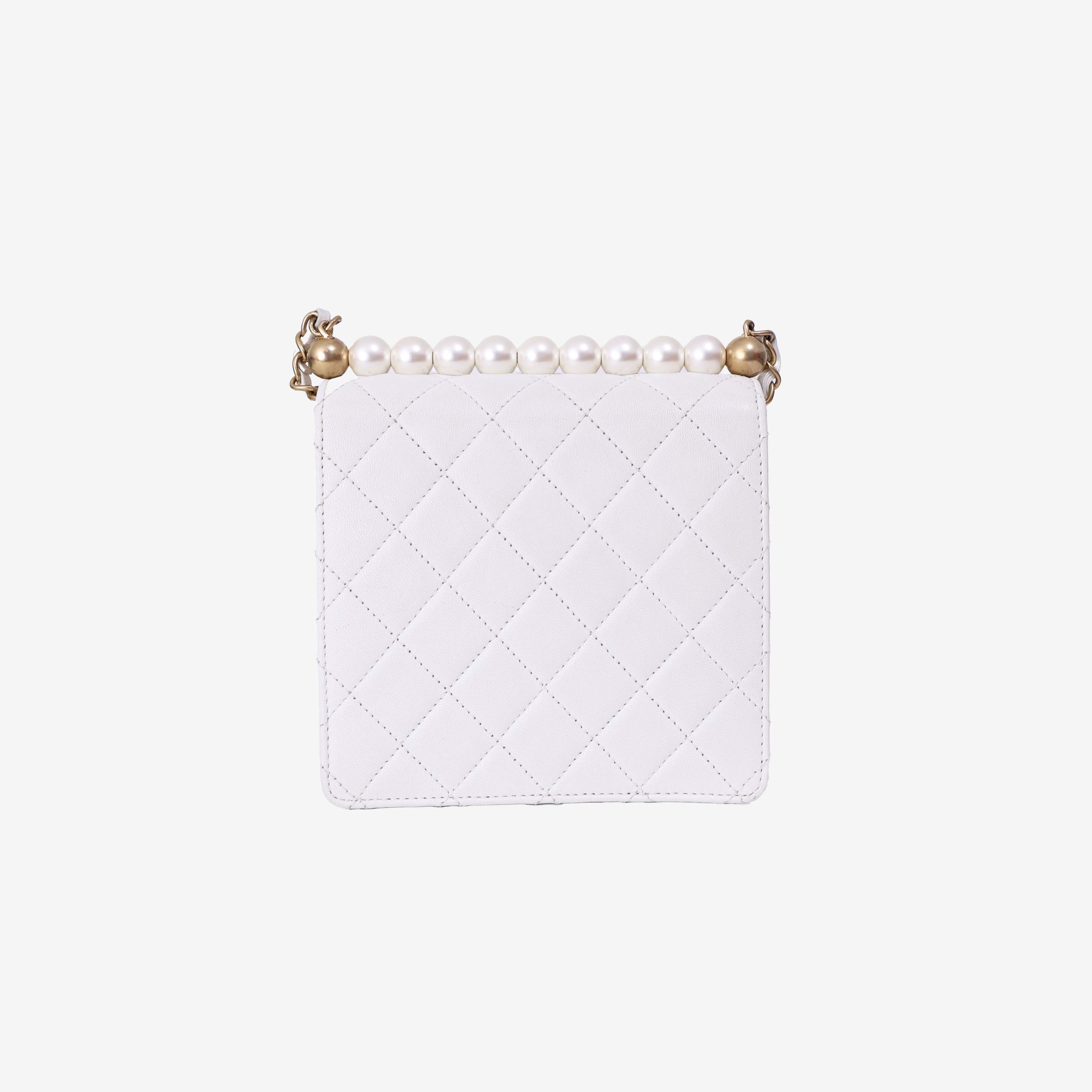 Chanel Classic Flap on Pearl Chain in White Lambskin with Gold Hardware back view
