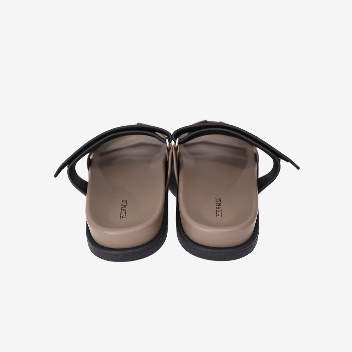 Hermès Chypre Techno-Sandals in Étoupe and Noir Suede Goatskin back view