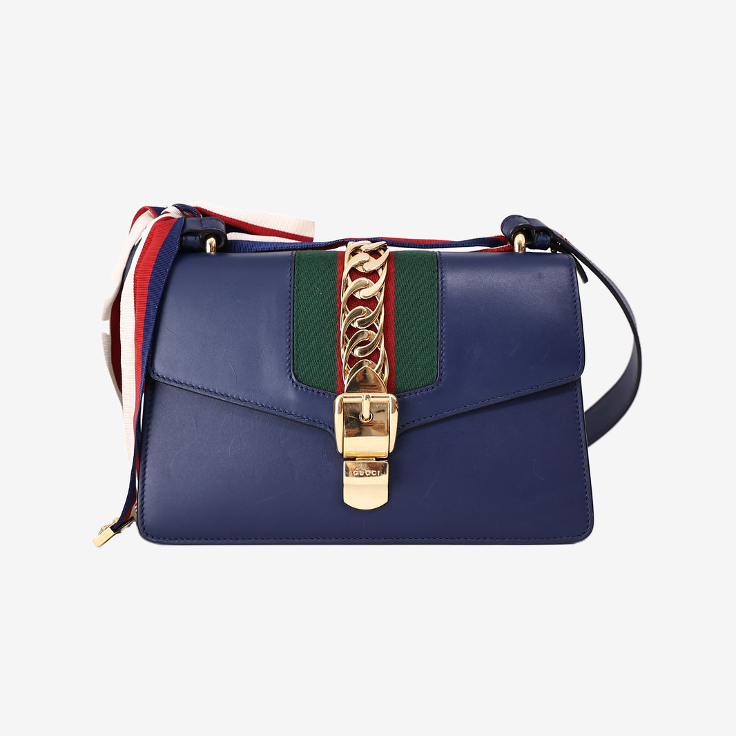 Gucci Sylvie Small Shoulder Bag in Navy Calfskin Leather with Gold Hardware
