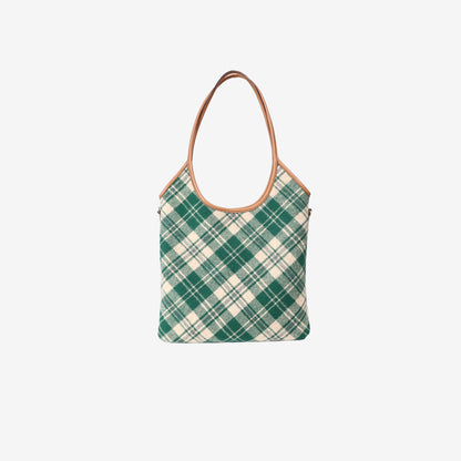 Miu Miu Ivy Tartan Tote in Green Canvas with Leather Trim