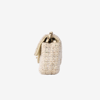 Chanel Tweed Quilted Mini Rectangular Flap Bag in Light Yellow Tweed with Gold Hardware